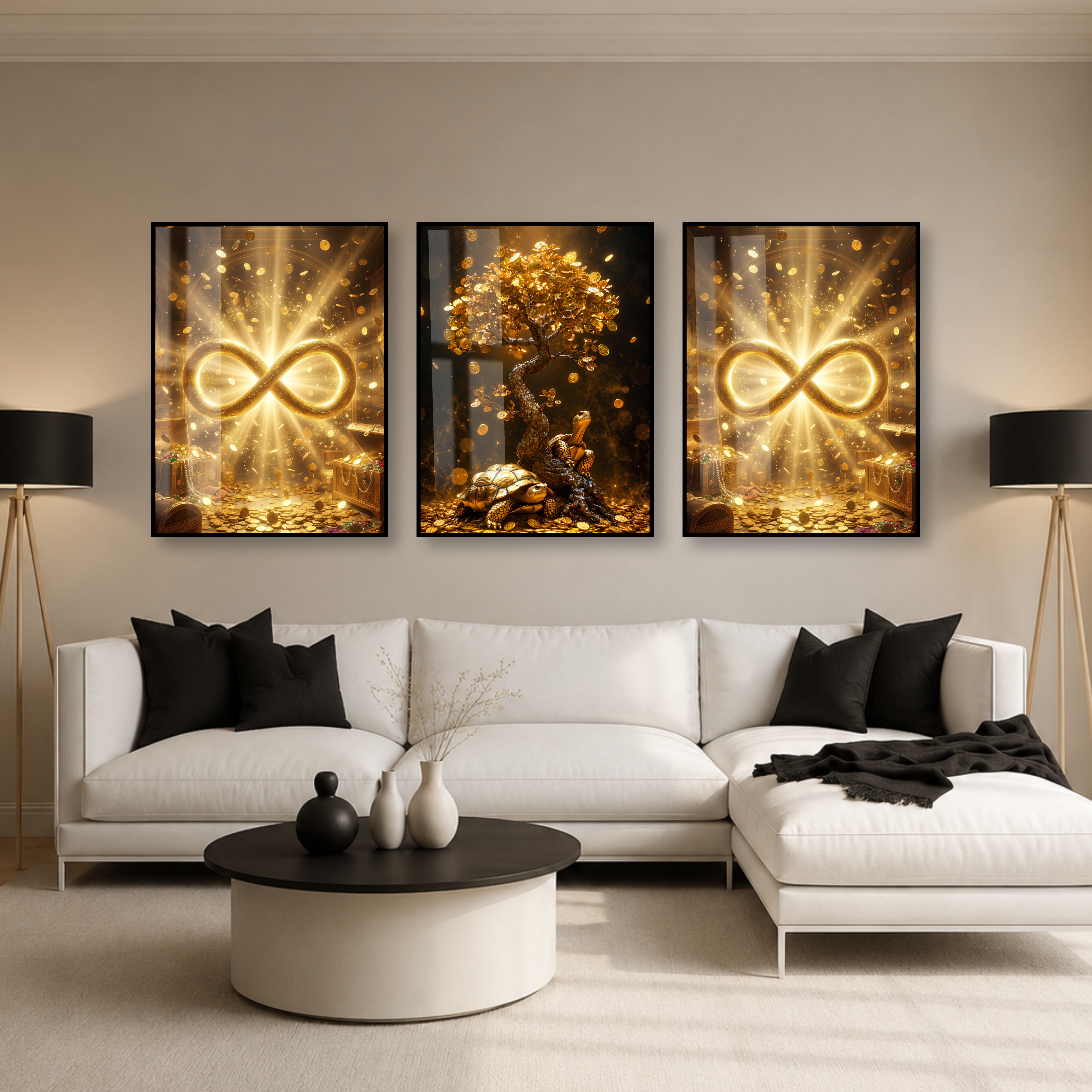 Golden Money Tree Prosperity Triptych